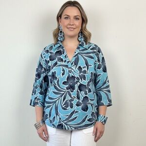 D & CO 4X Floral Adaptive Poplin Gulf Turquoise Blue Women's 3/4 Sleeve Plus Top